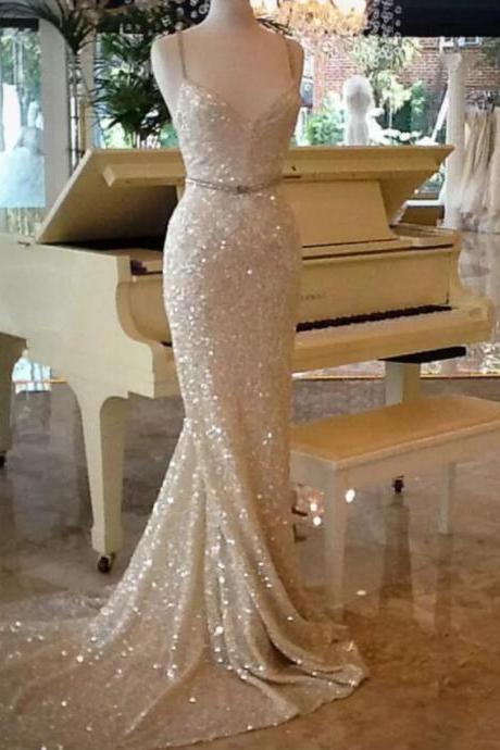 Shinning Sequined Mermaid Prom Dresses Long Sexy Spaghetti Sweep Train Mermaid Evening Gowns Custom Made Formal Wear Party Vestidos