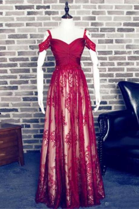 Charming Red A-line Sweetheart Spaghetti Straps Lace Prom Dress Off The Shoulder Long Burgundy Evening Dress