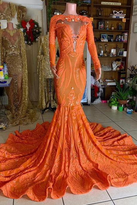 Long Sexy Prom Dresses 2022 Long Sleeve Mermaid Orange Sequin African Black Girls Prom Party Gala Gowns