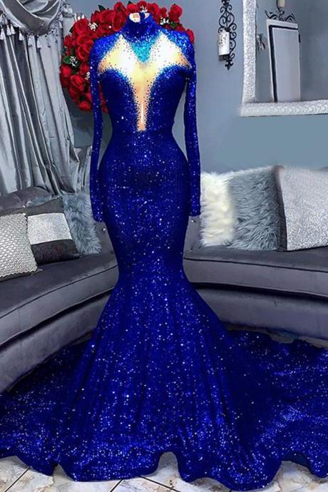 African Women Long Prom Dresses 2022 Sexy Mermaid High Neck Long Sleeve Royal Blue Sequin Black Girls Gala Prom Party Dress