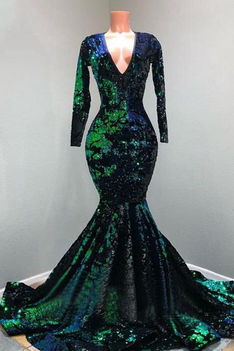 Sexy Mermaid Long Sleeve V-neck Sparkly Black And Green Sequin African Girl Graduation Elegant Long Prom Dresses 2022