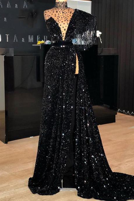 Luxury Long Evening Dresses 2022 High Neck Sexy Side Slit Black Sequin Dubai Style African Women Formal Party Gowns