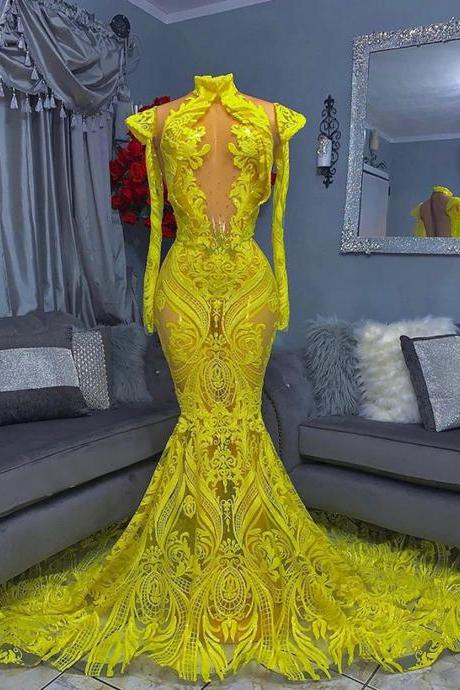 Sexy See Through Mermaid Style High Neck Beaded Long Sleeve Yellow Sequin African Black Girls Long Prom Dress 2022