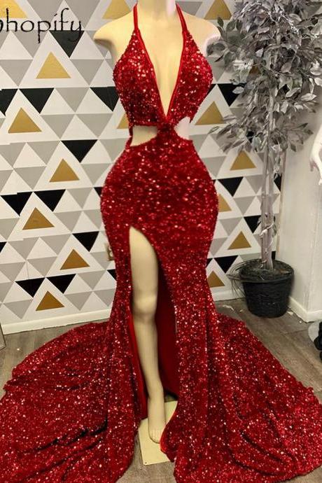 Real Sample Sexy Halter High Slit Mermaid Style Sparkly Red Sequined African Black Girls Long Prom Dresses 2022