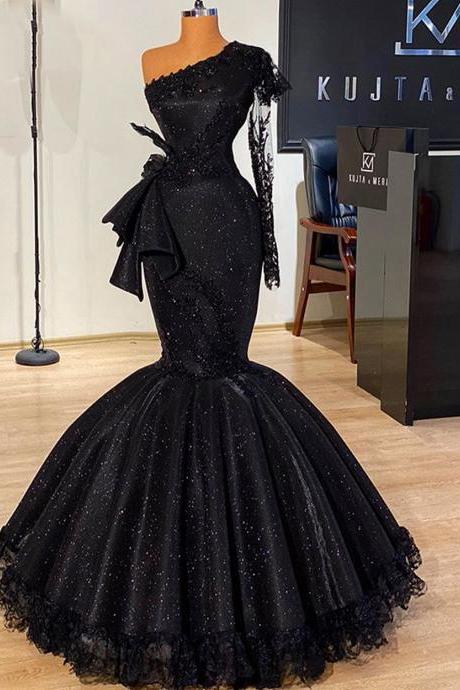 Long Black Evening Dress 2022 Mermaid Style Single Long Sleeve One Shoulder Glittery African Women Formal Gowns