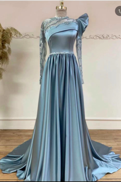 Blue Prom Dress, Beaded Prom Dress, 2023 Prom Dress. Long Sleeve Prom Dresses, Satin Evening Dress, A Line Prom Dress, Blue Formal Dresses,