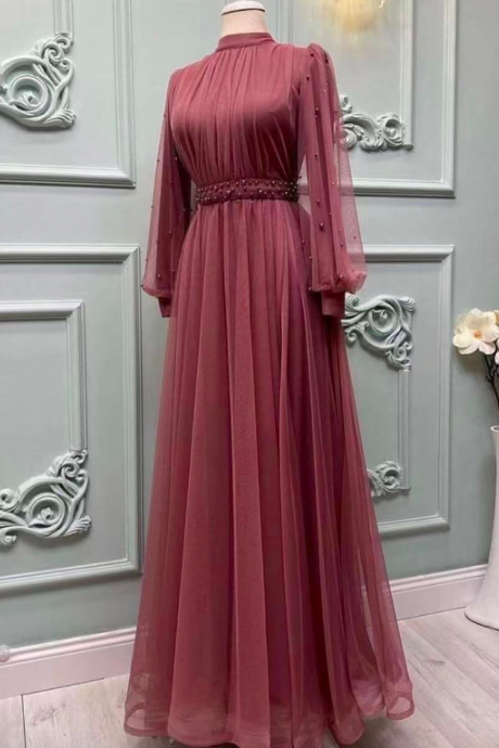 Red Prom Dress, High Neck Prom Dresses, Long Sleeve Prom Dresses, Pearls Prom Dresses, A Line Prom Dresses, Formal Dresses, Arabic Prom Dresses,