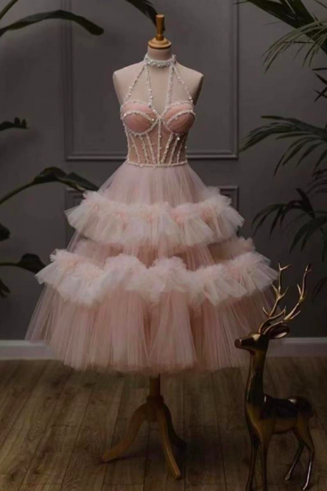 Pink Prom Dresses, Tulle Prom Dresses, Sexy Evening Dresses, Halter Prom Dresses, Arabic Prom Dresses, Ball Gown Formal Dresses, Sexy Evening