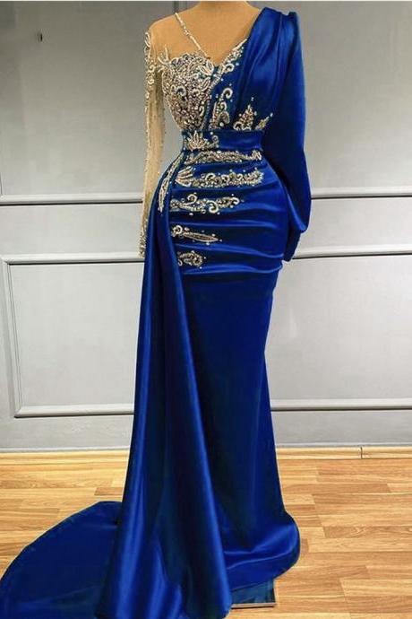 Royal Blue Satin Beads Long Sleeve Evening Dresses For Women Elegantly Pair With Detachable Sexy V-neck Dubai Arab Formal Prom