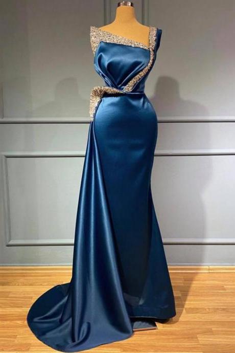 Formal Elegant Evening Dresses Ladies Blue 2022 With Beads Square Neck Satin Mermaid Ball Gown Luxury Crystal Arabian Long Party