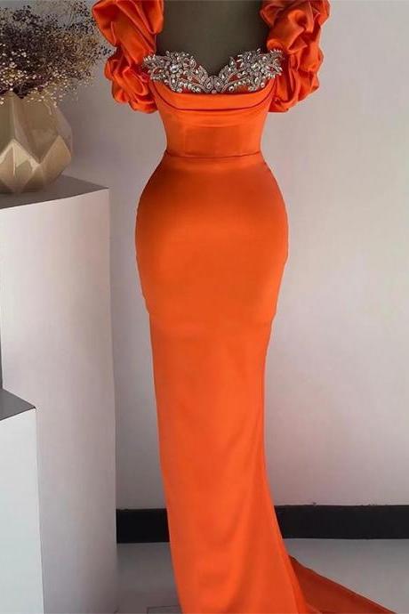 Orange Satin Mermaid Prom Dresses Sexy Women&amp;#039;s Crystal Beads Pleated Fringe Sweetheart Fashion Evening Gowns Formal Beach Party