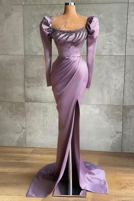 Lavender Mermaid Evening Dresses Women's Boat Neck Satin Pleated Beads Formal Party Prom Fashion Celebrity Gownes Vestidos De