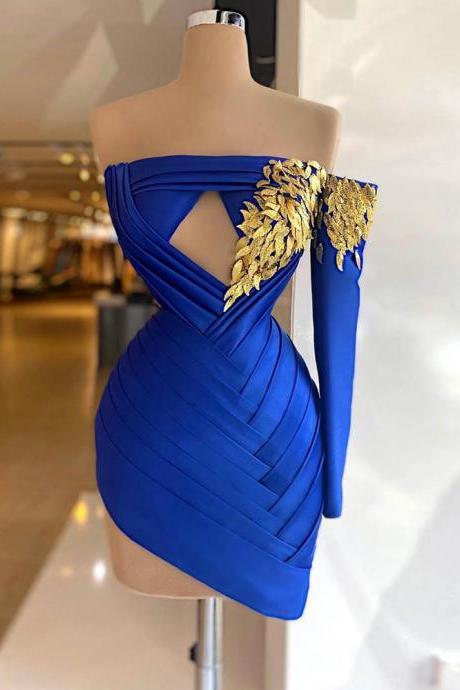 Sexy Cocktail Prom Dresses Mini Dress Blue Gold Decal Women Elegant One Shoulder Long Sleeve Sweetheart Evening Gowns Formal