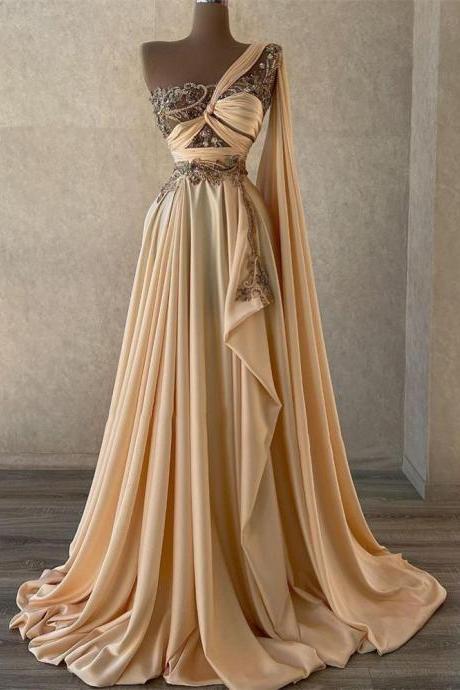 Champagne Evening Gown Beaded One Shoulder Sleeve A-line Pleated Ball Gown Pleated Saudi Arabian Celebrity Party Evening Gown