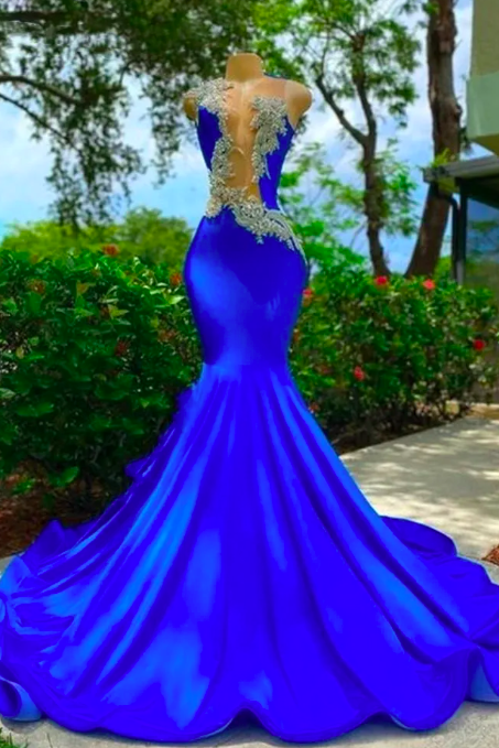 2023 Mermaid Prom Dresses Royal Blue Silver Sequined Crystal Beads Sexy Evening Gowns Open Back Elegant Ruched Women Formal Party Dress Vestido