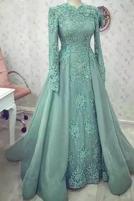 Tiffany Blue Lace Applique Prom Dress V Neck Full Sleeves Overskirt Evening Gowns Vestido Saudi Arabia