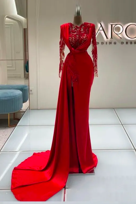 Red Appliqued Mermaid Prom Dresses Sheer Jewel Neckline Beaded Evening Gowns Long Sleeves Sweep Train Satin Side Split Formal Dress