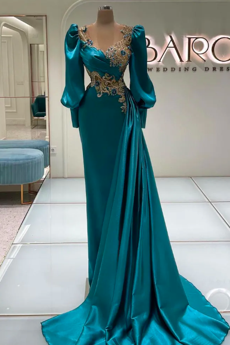 Elegant Mermaid Beaded Prom Dresses Sheer Jewel Neckline Evening Gowns Long Sleeves Sweep Train Satin Overskirt Formal Dress