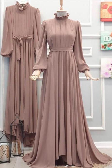 2023 Elegant Muslim Evening Dress Long Sleeves High Neck Special Occasion Party Dress Chiffon Vestido De Gala