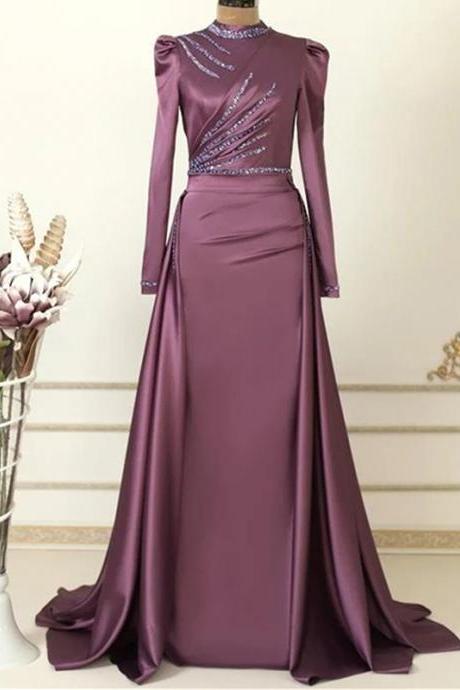 2023 Elegant Muslim Evening Dress Long Sleeves High Neck Beading Appliques Special Occasion Party Dress Satin Vestido De Gala