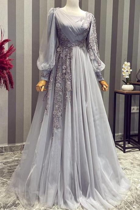 2023 Elegant Muslim Evening Dress Long Sleeves High Neck Beading Appliques Special Occasion Party Dress Tulle Vestido De Gala