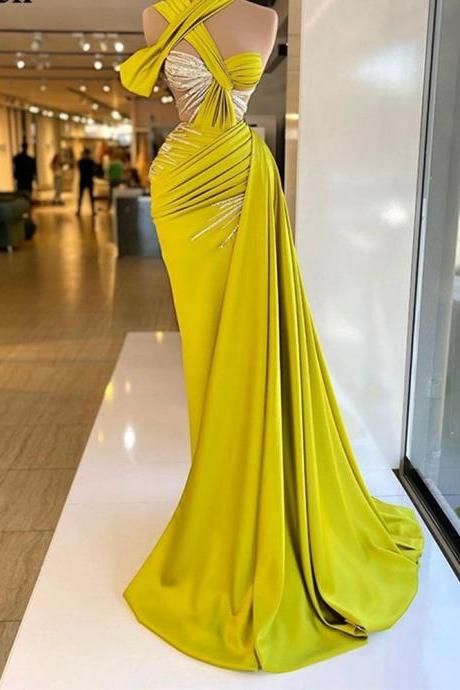Luxury Crystal Pageant For Women One Shoulder Sleeve Split Prom Dress Sexy Green Personalized Evening Gown