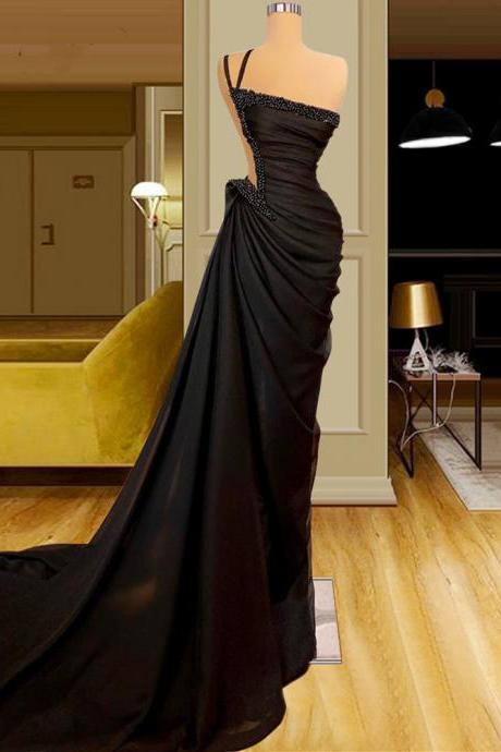 One Shoulder Beads Evening Dresses 2023 Black Mermaid Long Prom Gown вечернее платье Vestidos De Fiesta