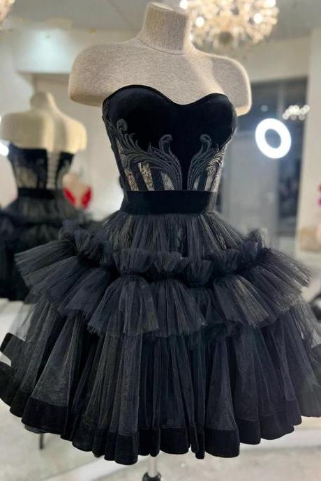 Little Black Short Homecoming Dresses Lace Exposed Bonong Mini Party Pom Gowns Tulle Tutu Skirt Gothic Graduation Outfits
