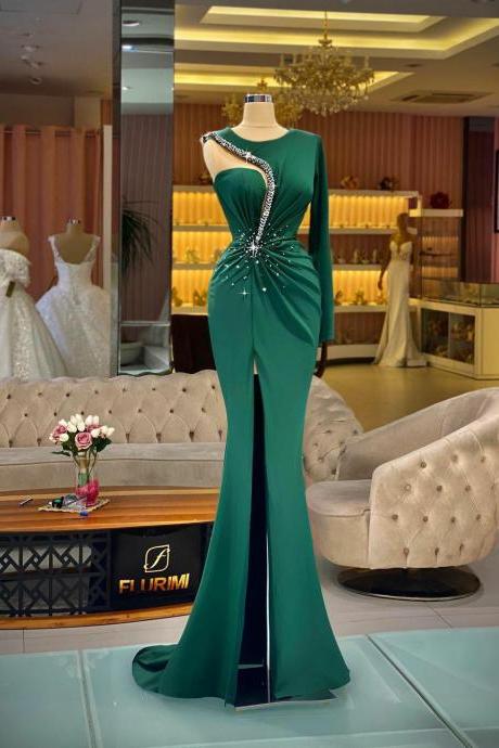 Abendkleider Emerald Green Dubai Formal Prom Dress Women Long Sleeves Evening Gowns Sexy Slit Crystal Robe De Soirée 2023 Custom