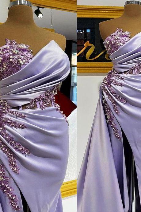 2023 Arabic Aso Ebi Mermaid Lavender Prom Dresses Lace Appliques Beads Pearls Evening Formal Party Pageant Gowns With Split Slit