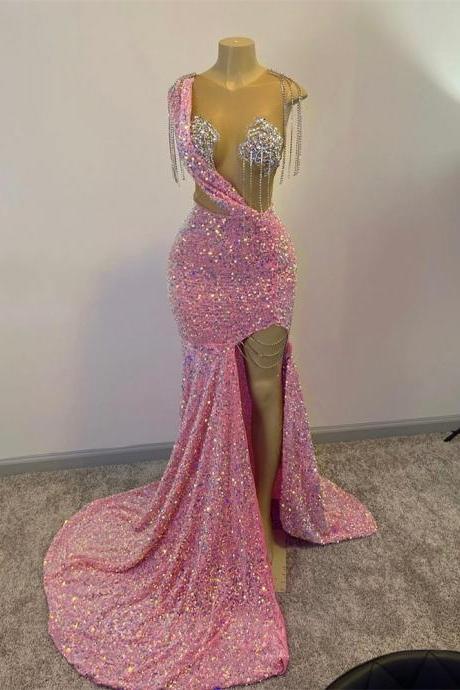 Glitter Pink Sequins Prom Dresses For Black Girls Tassels Luxury Dress For Gala Party 2023 Split Slit Long Mermaid Evening Gowns