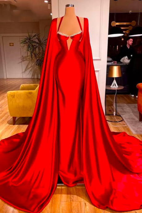Elegant Red Satin Mermaid Prom Dresses With Long Wraps High Side Split Formal Evening Party Wear Gowns Beaded Robe De Soirée