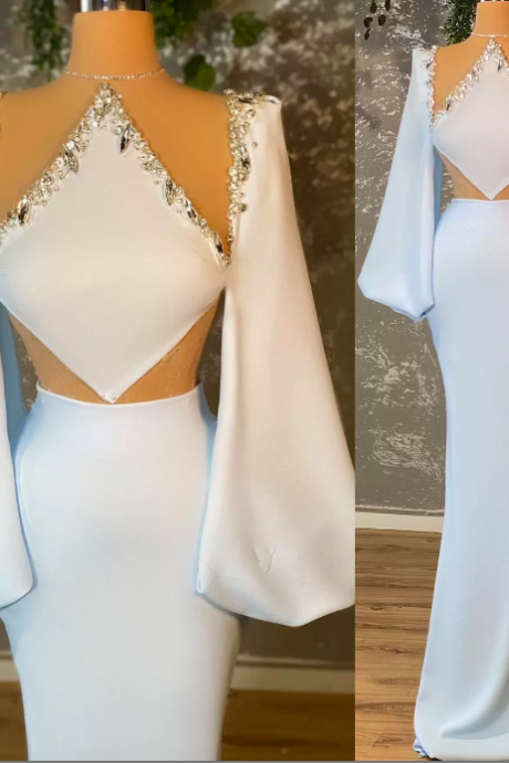 2023 New Design White Mermaid Prom Dresses Lantern Sleeves Luxury Beaded Crystal Formal Evening Event Party Gowns فستان سهرة
