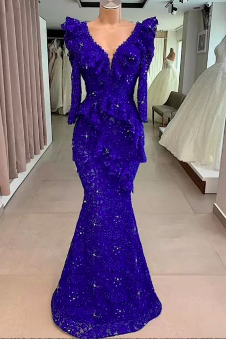 Royal Blue Lace Mermaid Evening Dresses For Women 2023 V Neck Long Sleeves Beaded Dubai Arabic Party Prom Gowns Turkish Vestidos