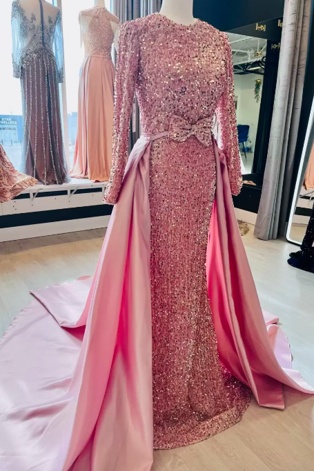 Luxury Mermaid Evening Dresses 2023 O Neck Long Sleeves Glitter Sequins Velour Prom Formal Gowns Detachable Train Robe De Soirée