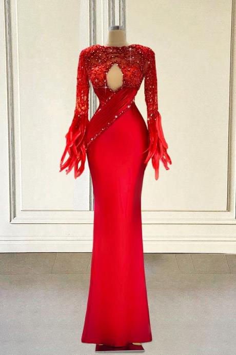 Luxury Beaded Red Mermaid Long Prom Dresses For Graduation Party 2023 Sexy Feathers Full Sleeves Women Formal Evening Gowns