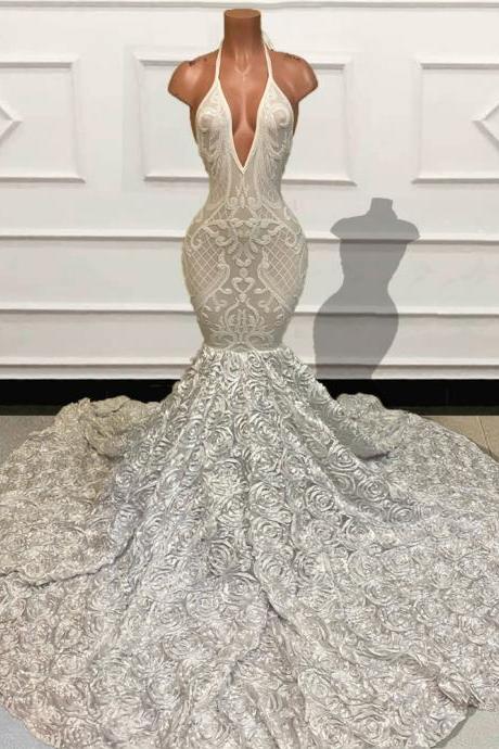 Sparkly Sequin White Mermaid Long Prom Dresses Luxury V Neck Backless 3D Flowers Train Women Formal Evening Gowns for Party 2022