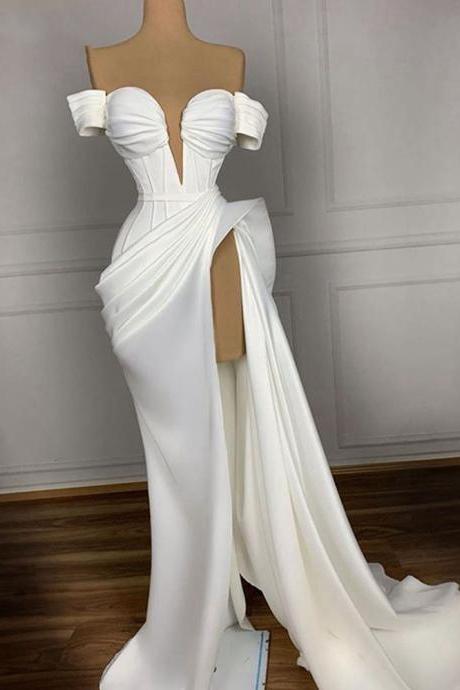 Sexy White Evening Dresses Long 2023 Off Shoulder Satin With High Slit Arabic African Women Formal Party Gowns Prom Dress