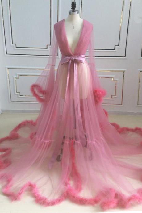 Long Sleeve Feather Tulle Evening Dresses Sexy Pink Formal Prom Gown Party Dress Women Plus Size Robe De Soiree 2023
