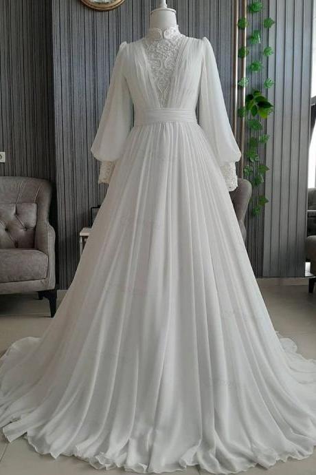 Elegant A-line Chiffon Muslim Wedding Dresses High Neck Lace Ivory Bridal Gowns For Bride Long Sleeves Robe De Mariée