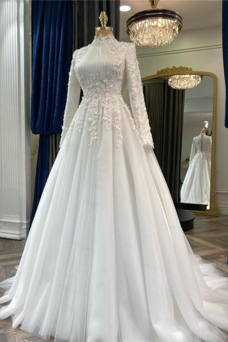 Elegant Muslim Wedding Gown For Bride 2023 Appliques Flowers Arabic Dubai Long Sleeves Bridal Dress Tulle Robe De Mariage