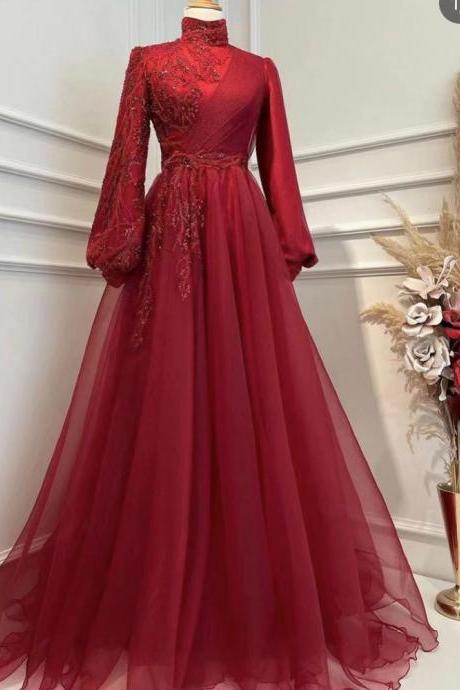 Red Prom Dresses, High Neck Prom Dresses, Lace Appliques Prom Dresses, Pleats Evening Dresses, Long Sleeve Prom Dresses, High Neck Prom Dresses,