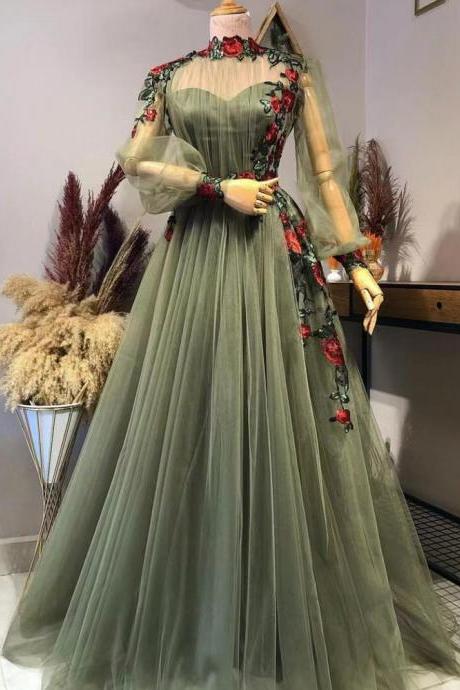 green prom dresses, long sleeve prom dresses, a line prom dresses, arabic prom dresses, a line evening dresses, cheap evening gowns, sexy formal dresses, arabic evening gowns, green evening gowns, embroidery prom dresses