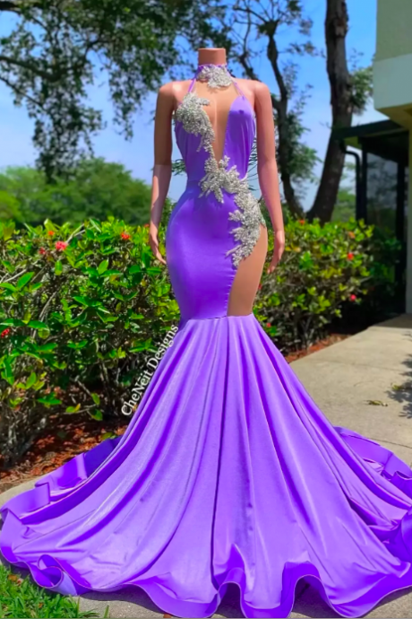 Sexy Purple Mermaid Prom Dresses 2023 Halter Backless Long Evening Dress Black Girls Beaded Party Dinner Wear Robe De Soiree Vestidos De Noche
