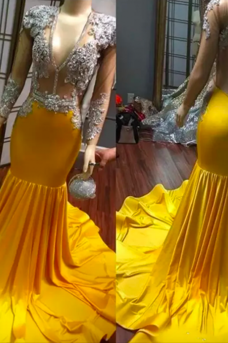 Sexy 2023 Yellow V Neck Mermaid Prom Dresses With Long Sleeve Plus Size See Throuth Backless Beaded Evening Gowns