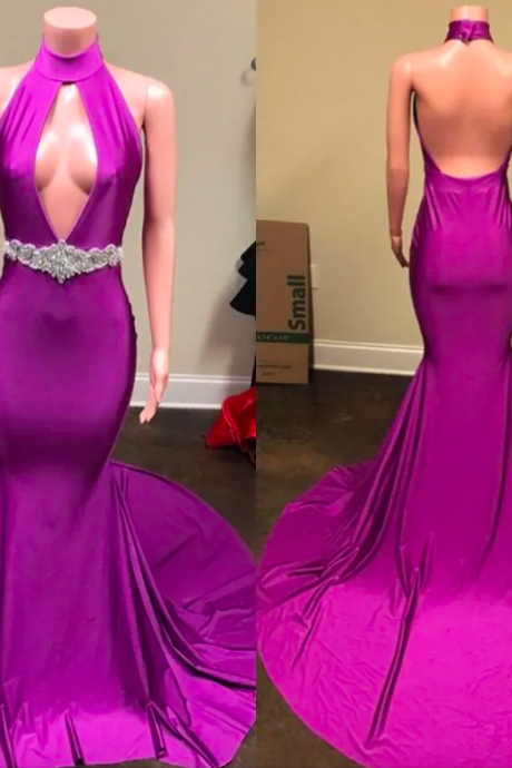 2023 Purple Mermaid Prom Dresses Halter Elastic Satin Plunging V Custom Made Crystals Beaded Ruched Evening Party Gowns Vestidos Formal Occasion