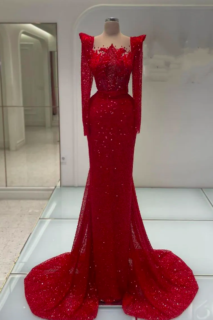 Red Mermaid Prom Dresses Long Sleeves Bateau 3d Lace Hollow Beaded Appliques Sequins Floor Length Celebrity Sparkly Formal Evening Dresses Plus