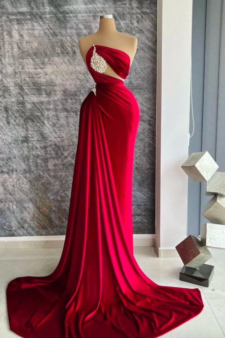Formal Red Mermaid Prom Dresses For Women Satin Crystal Strapless Sleevelss Pleat Sexy Evening Party Gowns Robe De Mariage
