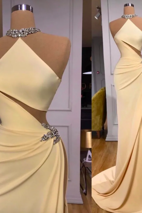 2023 Sexy Light Yellow Prom Dresses Halter Illusion Silver Crystal Beads Side High Split Mermaid Evening Gowns Plus Size Formal Party Dress