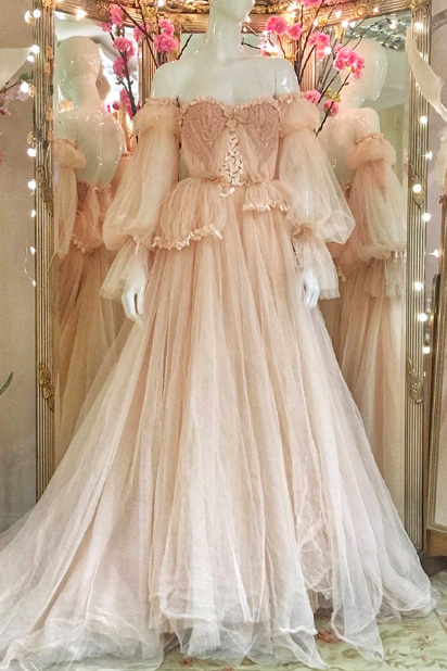 Fairy Blush Tulle Prom Dresses Off Shoulder Long Sleeves Ribbons A-line Wedding Party Dresses 2021 Formal Evening Gowns